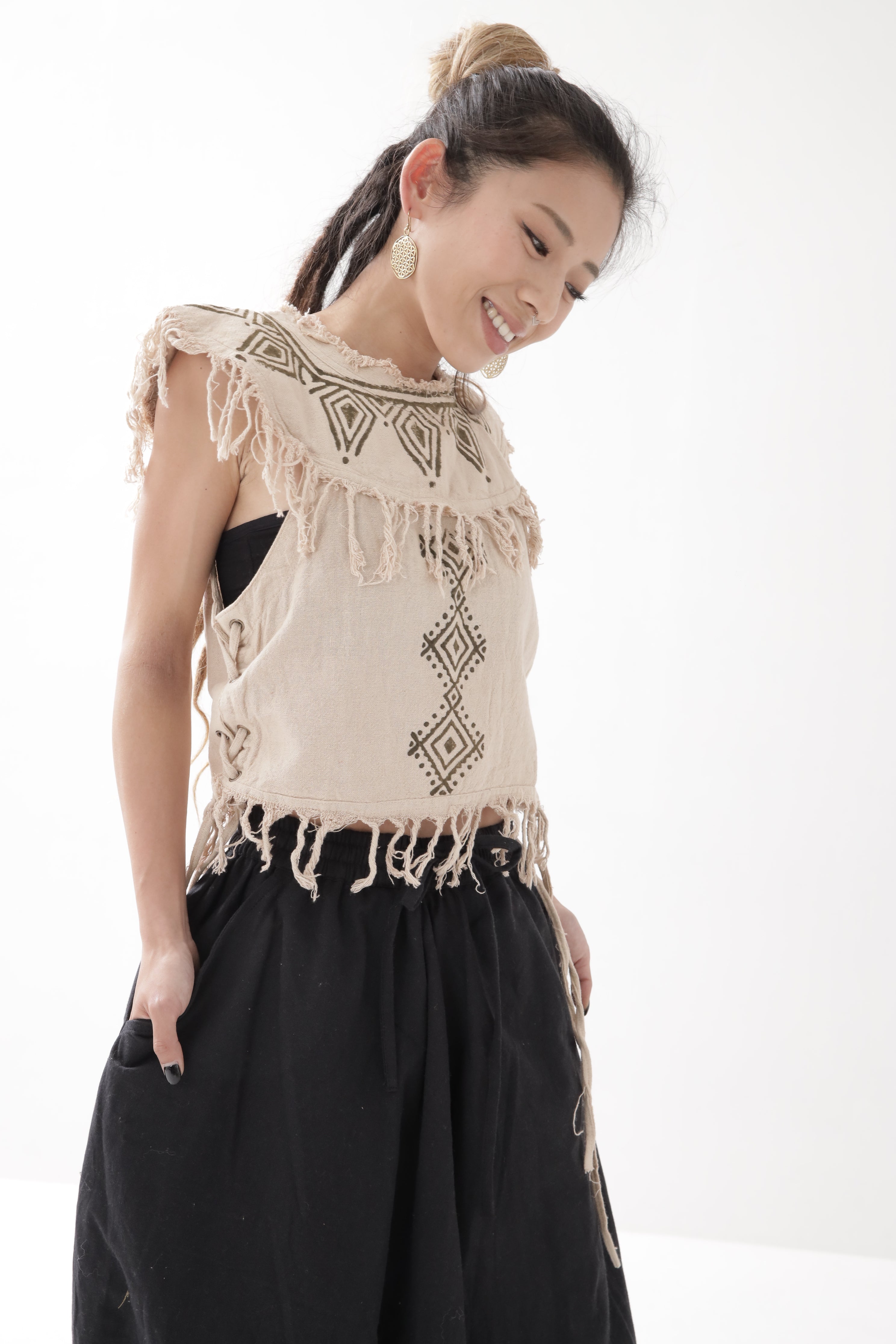 Tribal Earth] ブロックプリント・サイド編みフリンジトップス | KujA