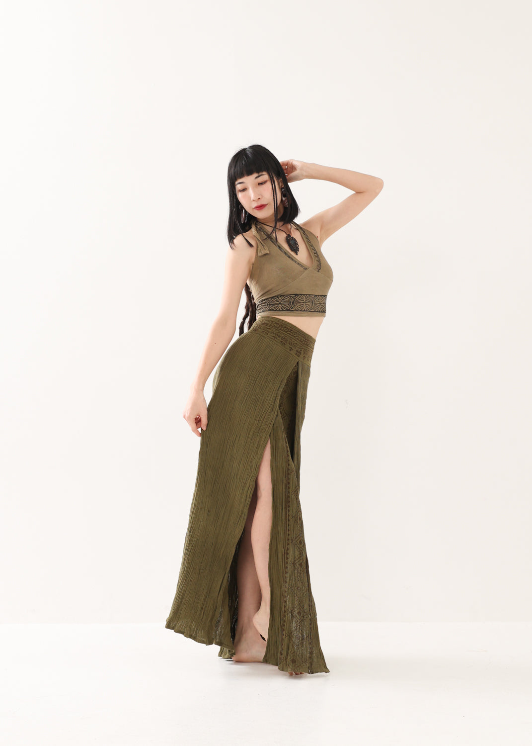 KujA goddess] ブロックプリント・エジプシャンスカート (Olive) | KujA