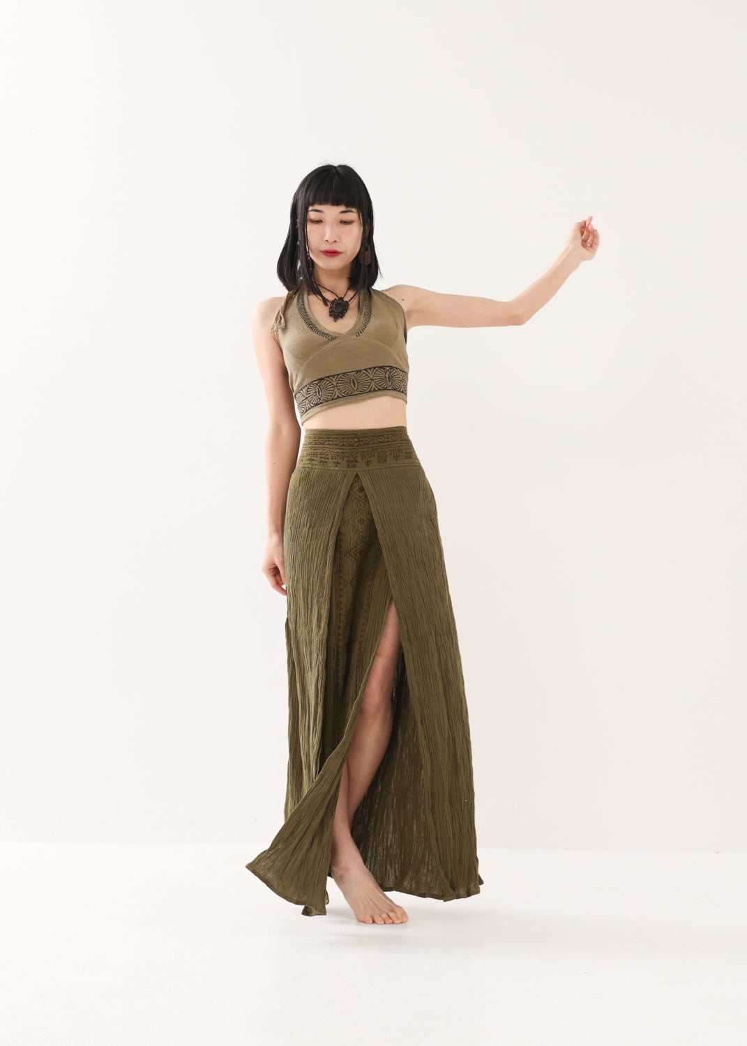 [KujA goddess] ブロックプリント・エジプシャンスカート (Olive)