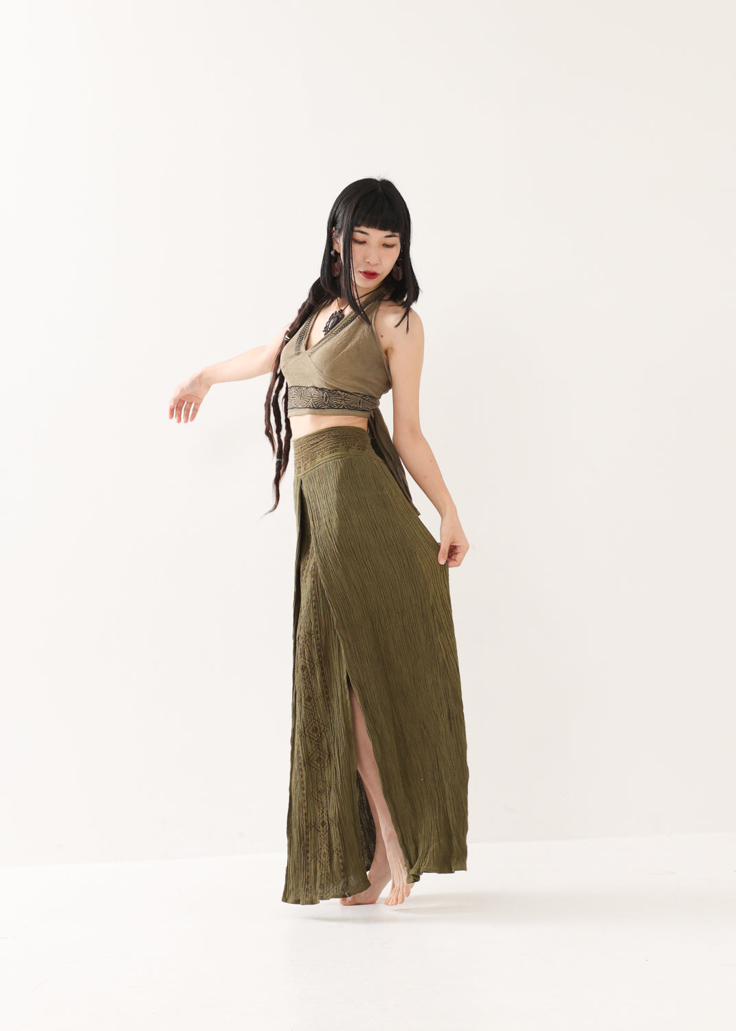 KujA goddess] ブロックプリント・エジプシャンスカート (Olive) | KujA
