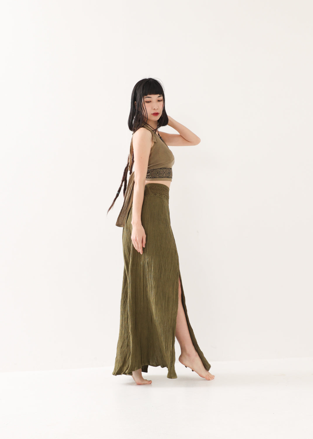 [KujA goddess] ブロックプリント・エジプシャンスカート (Olive)