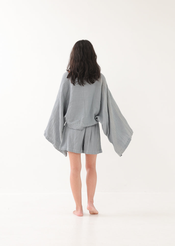 [NATURE FLOW / セットアップ] 平織りボートフレアトップス＆キュロット (Blue Gray)