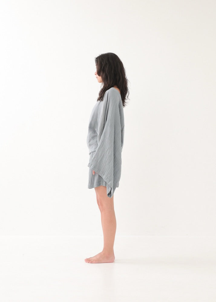 [NATURE FLOW / セットアップ] 平織りボートフレアトップス＆キュロット (Blue Gray)
