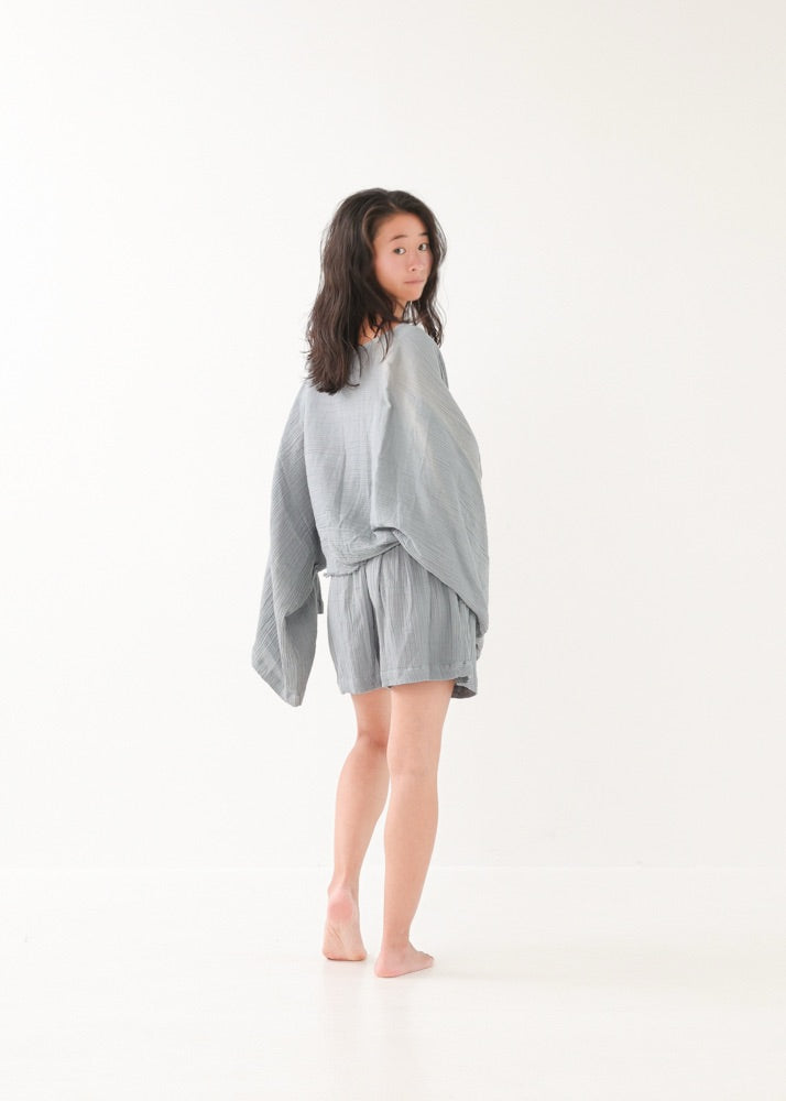 [NATURE FLOW / セットアップ] 平織りボートフレアトップス＆キュロット (Blue Gray)