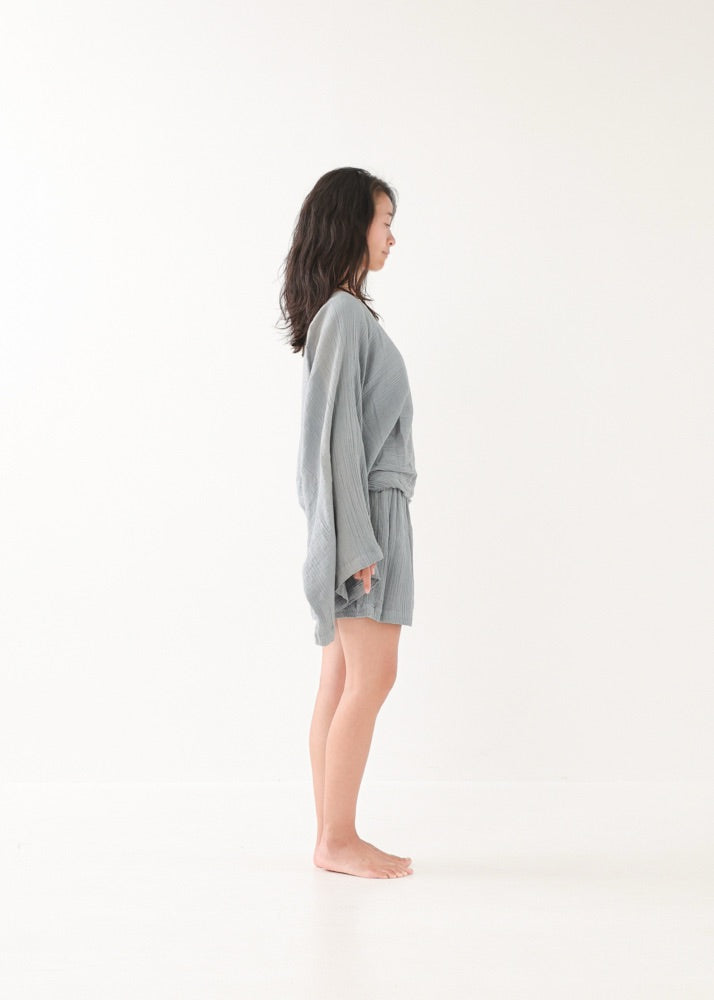 [NATURE FLOW / セットアップ] 平織りボートフレアトップス＆キュロット (Blue Gray)