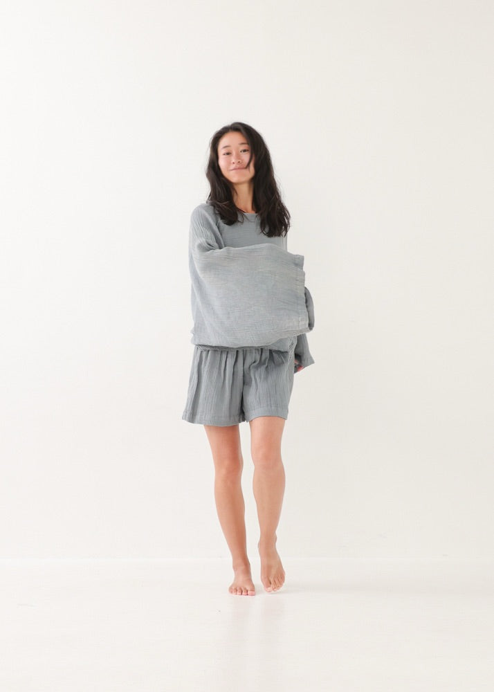 [NATURE FLOW / セットアップ] 平織りボートフレアトップス＆キュロット (Blue Gray)