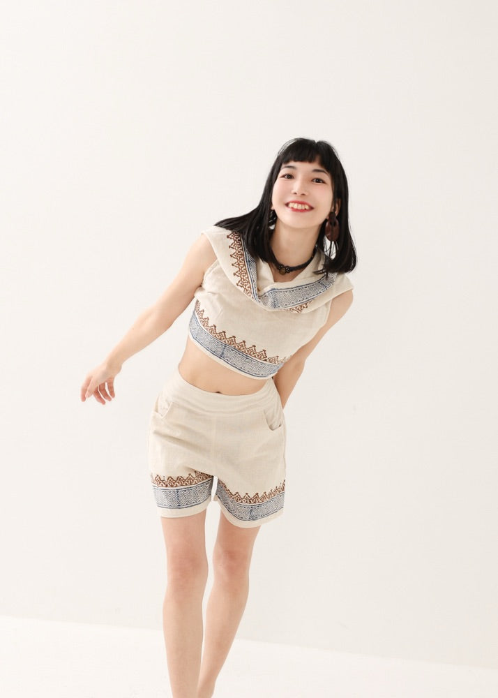 [セットアップ] tribal breeze 編み上げ2wayフーディトップス＆ハーフパンツ
