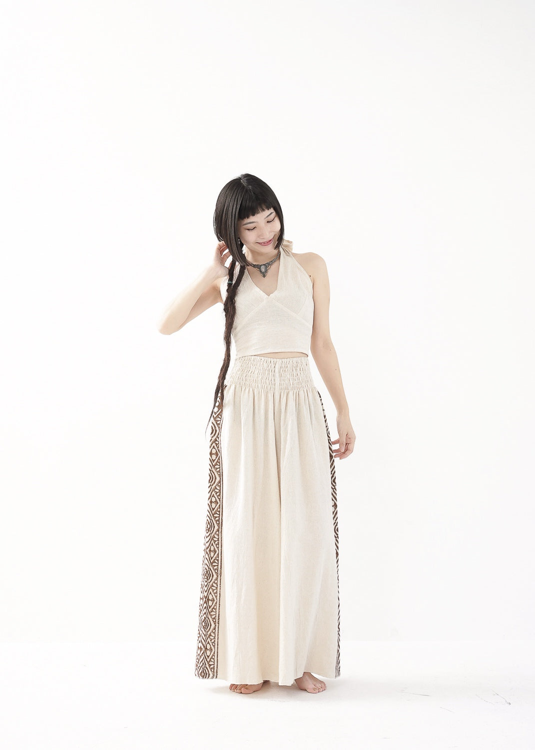 [Tribal Earth] サイドブロック high waist ワイドフレアパンツ