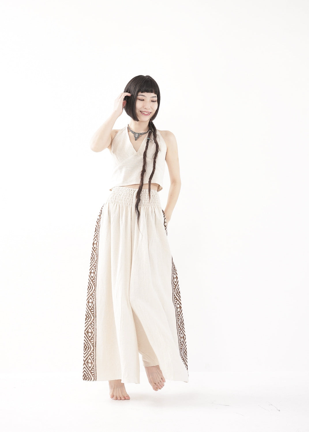 [Tribal Earth] サイドブロック high waist ワイドフレアパンツ