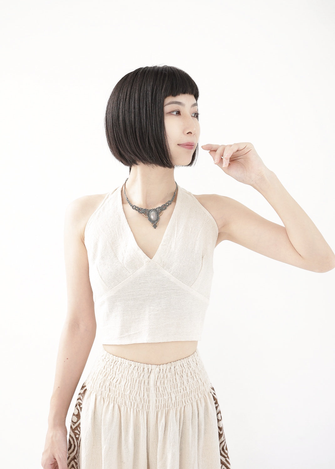 [Khadi of Love] Vネックホルター・クロップドトップス (きなり)