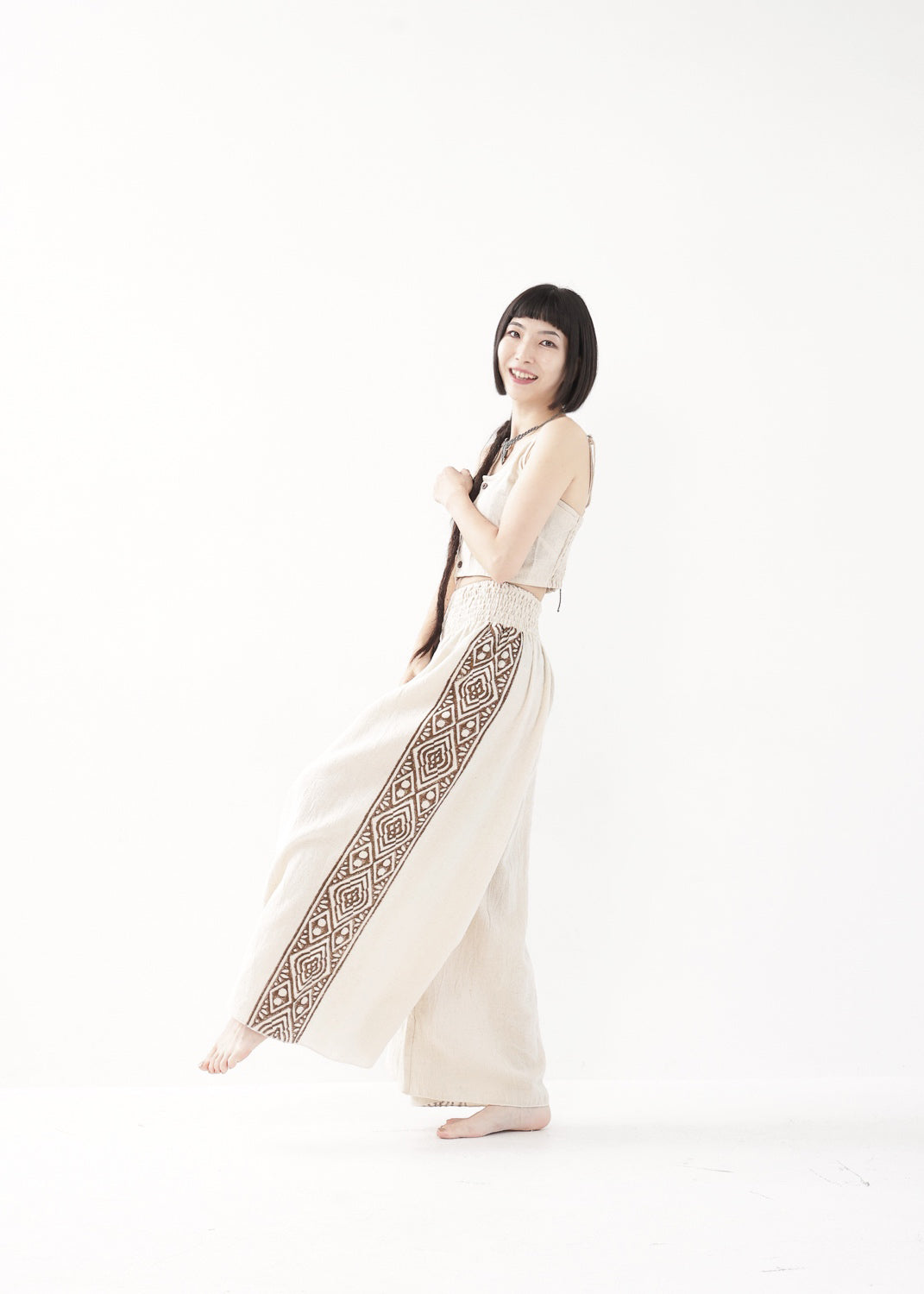 [Tribal Earth] サイドブロック high waist ワイドフレアパンツ
