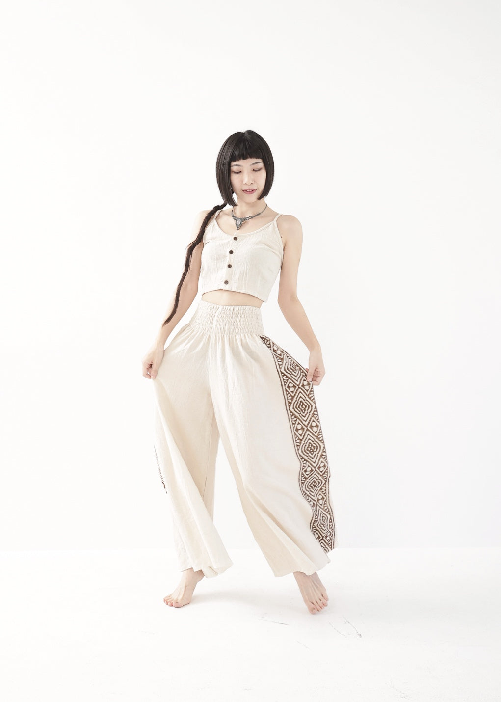 [Tribal Earth] サイドブロック high waist ワイドフレアパンツ