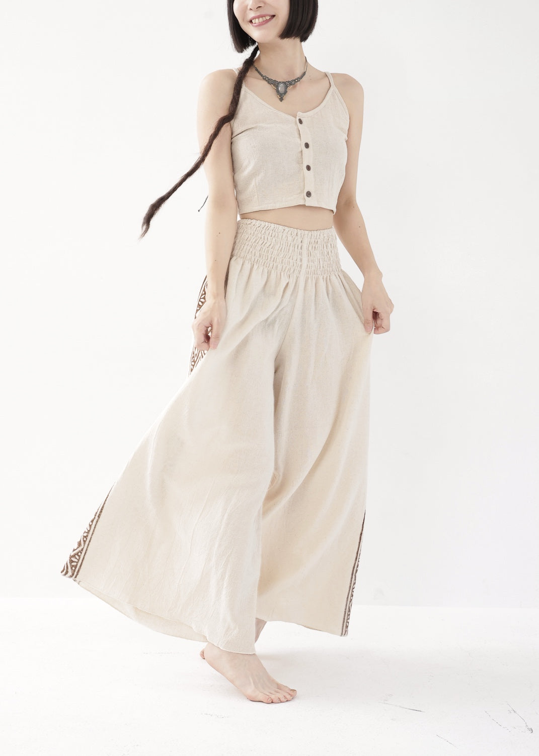[Tribal Earth] サイドブロック high waist ワイドフレアパンツ
