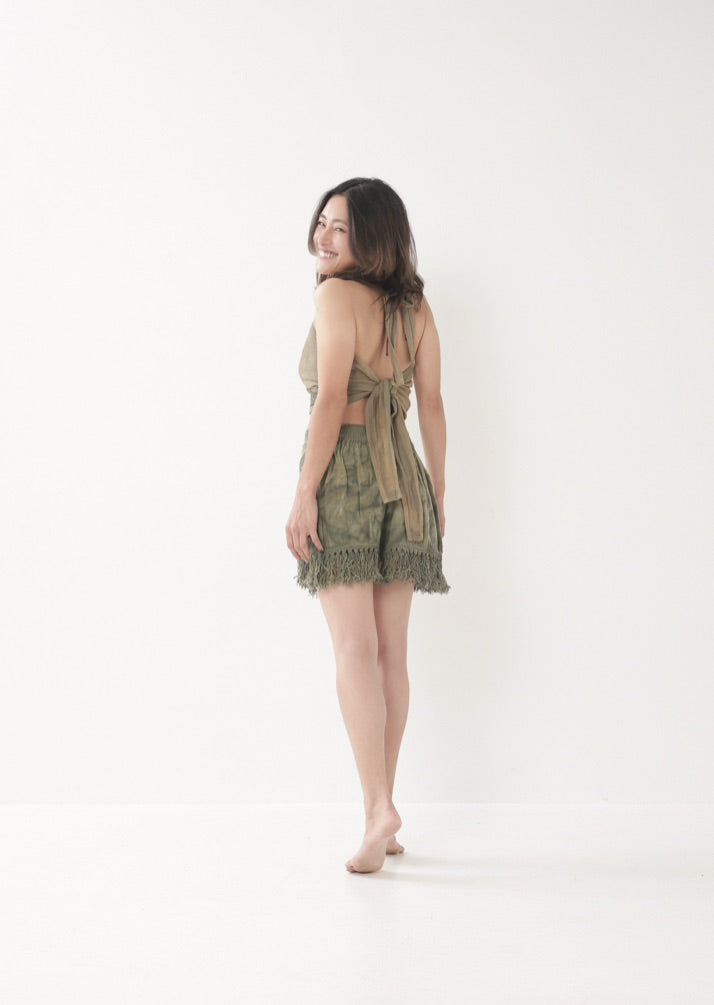 [Herbal Folia /草木染め] ボタニカルフリンジ・ミニスカート全2色