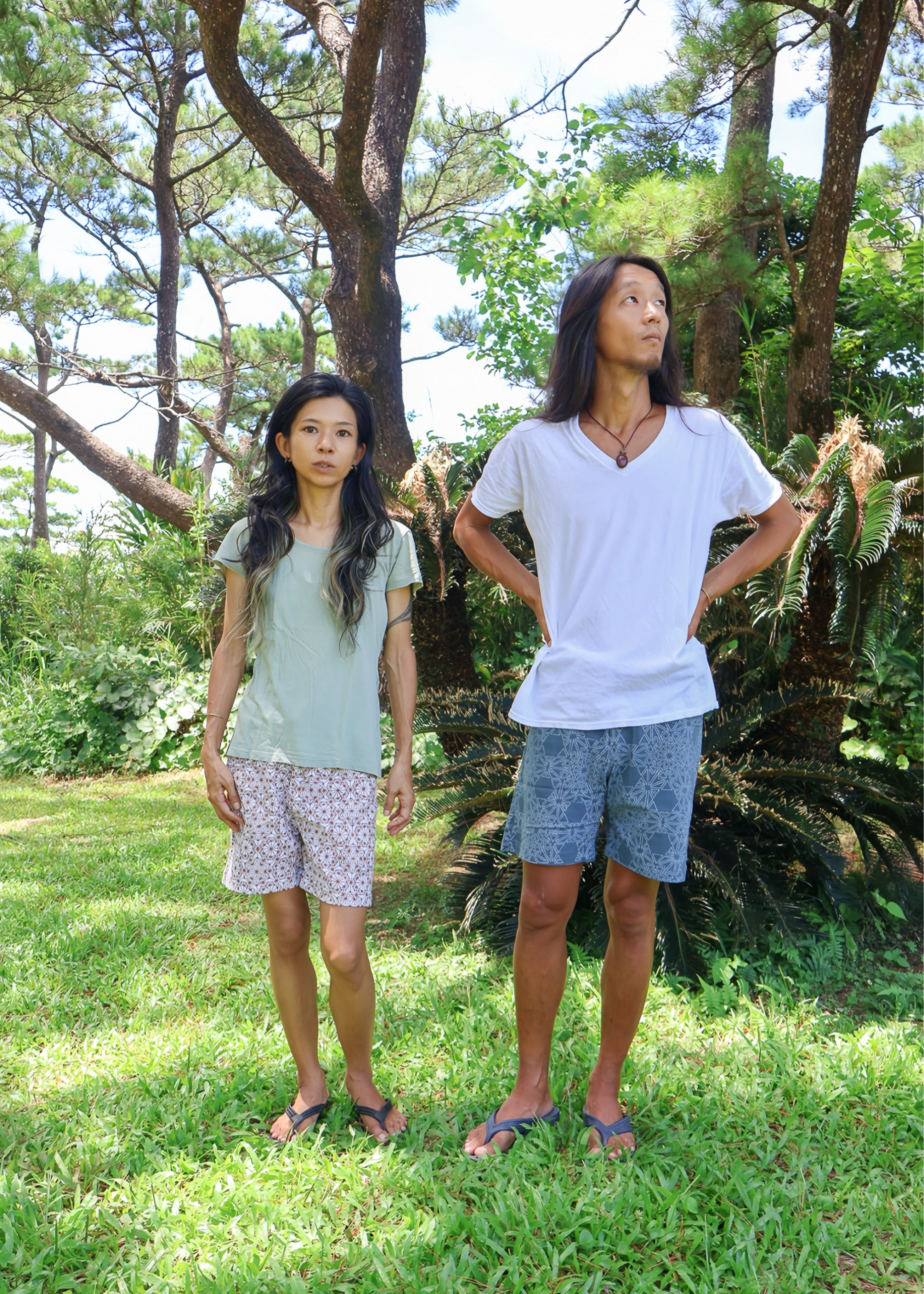 [紡生/ユニセックス] ハンドスクリーン 麻柄・ミッドハーフパンツ 全2色