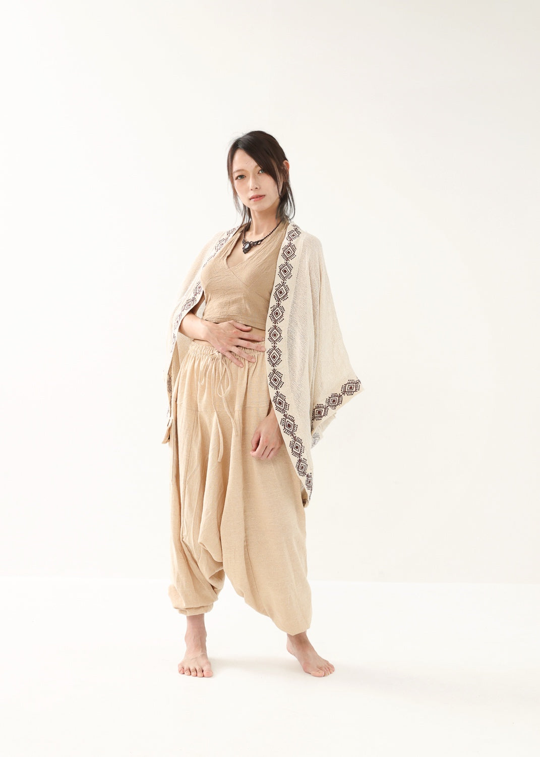 [HINO Ivory /ハンドメイド刺繍] フィッシュテール・コットンニット羽織 Kimono